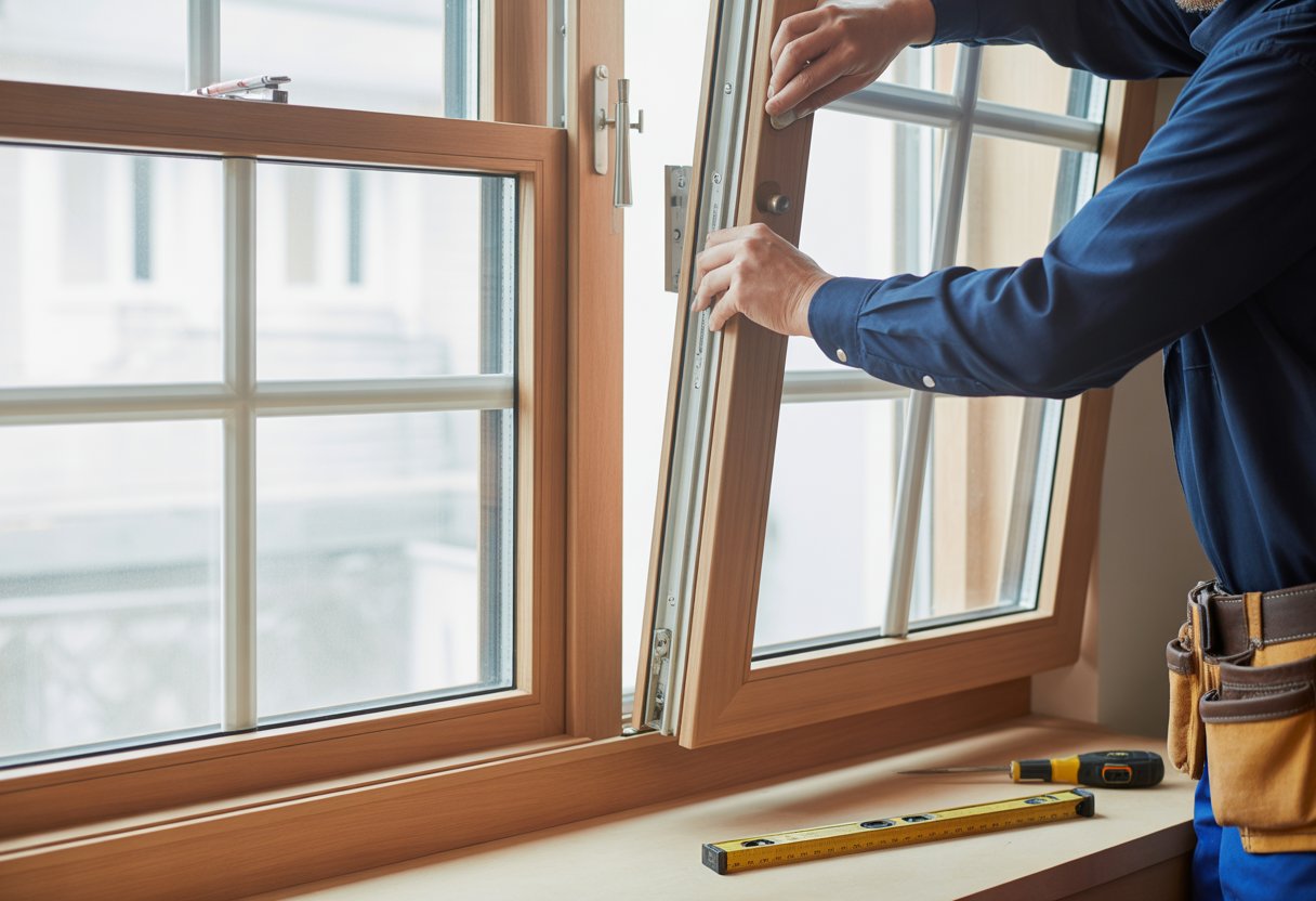 Technician adjusting a double hung sash window inside a bright room with tools nearby.