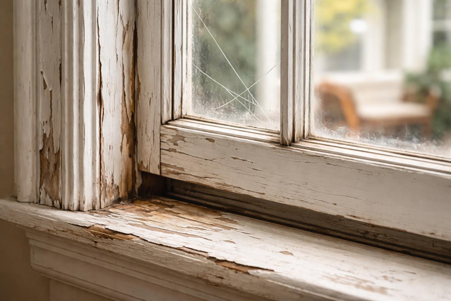 Close-up of traditional wooden sash windows with peeling paint, cracked glass, and misaligned frames showing signs of wear.