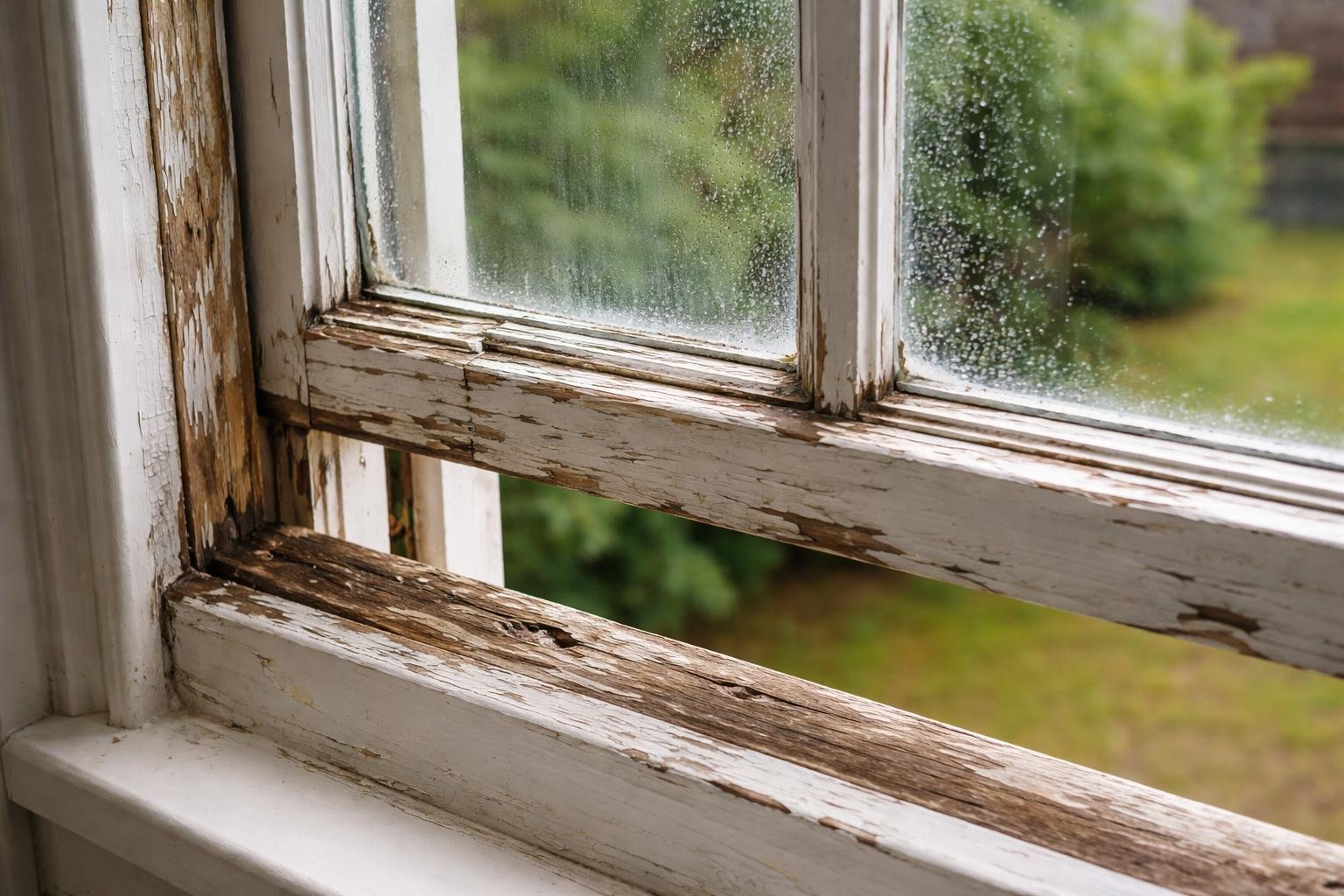 Close-up of a traditional sash window showing peeling paint and warped wooden frames with a blurred garden visible outside.