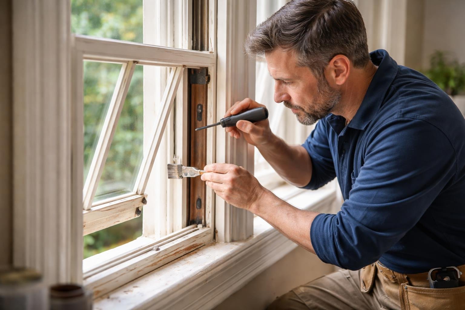 A craftsman repairing a traditional wooden sash window inside a well-lit room, focusing on the window frame and sash cords with repair tools visible.