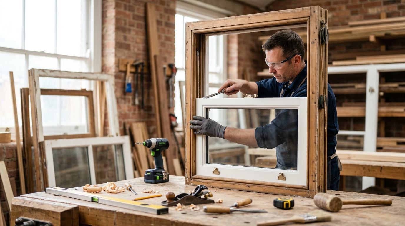 Man repairing a sash window on a workbench
