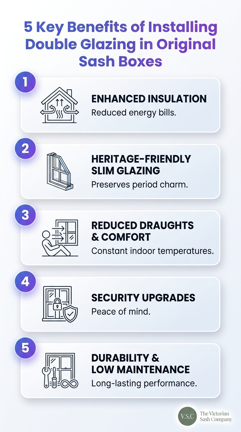 Infographic: five benefits of double glazing in original sash boxes—energy, sound, condensation, aesthetics.
