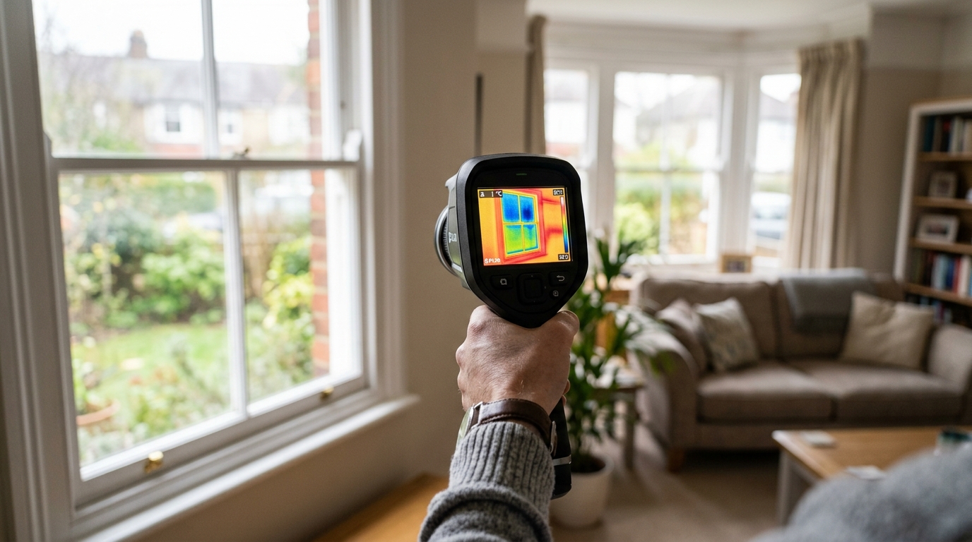 person using a thermal imaging device to detect heat loss