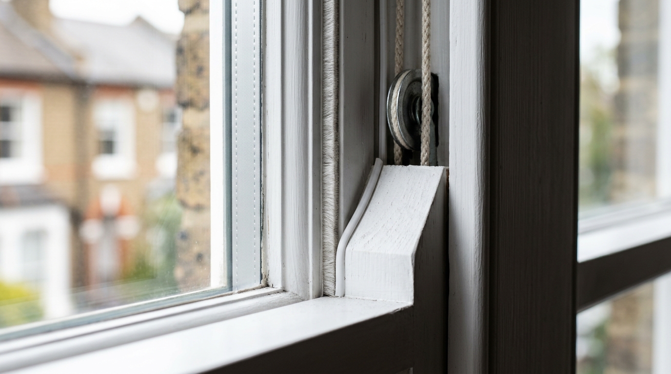Pulley system and draught excluder in a double glazed sash window