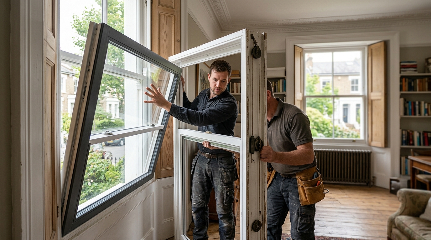 2 men installing double glazing into sash windows