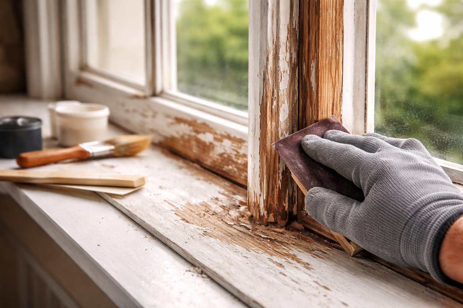 Close-up of a wooden sash window being sanded by a gloved hand, showing signs of wear and repair tools nearby.