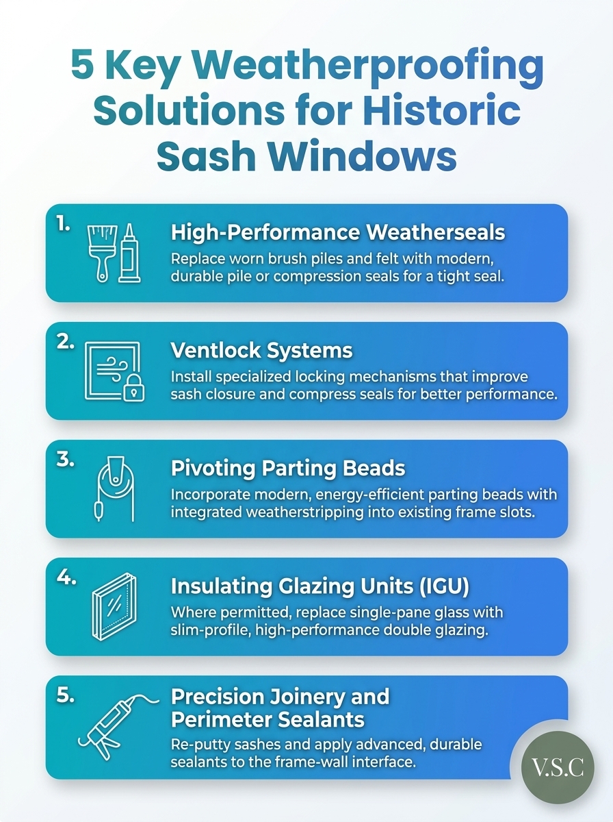 Infographic showing 5 key weatherproofing solutions for historic sash windows and durable weatherproofing for historic frames.
