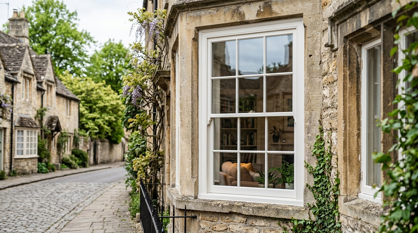 sash window in an old stone building