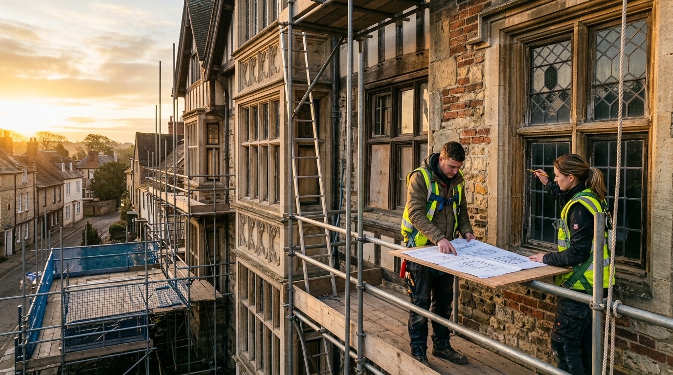 workers standing on scaffold platform
