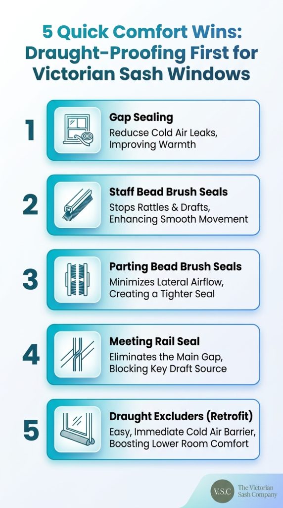 Infographic: 5 quick comfort wins for Victorian sash windows - draught-proofing first before glazing upgrades