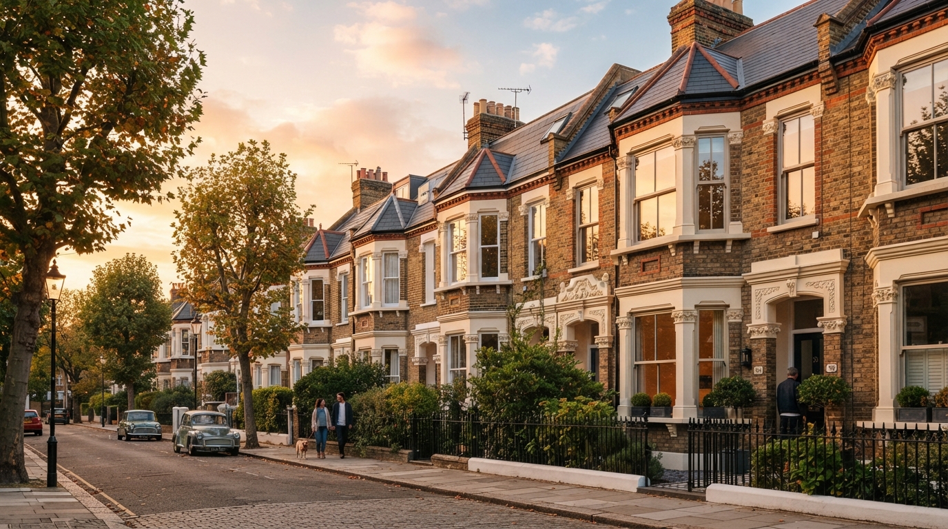 row of terraced houses with Victorian windows