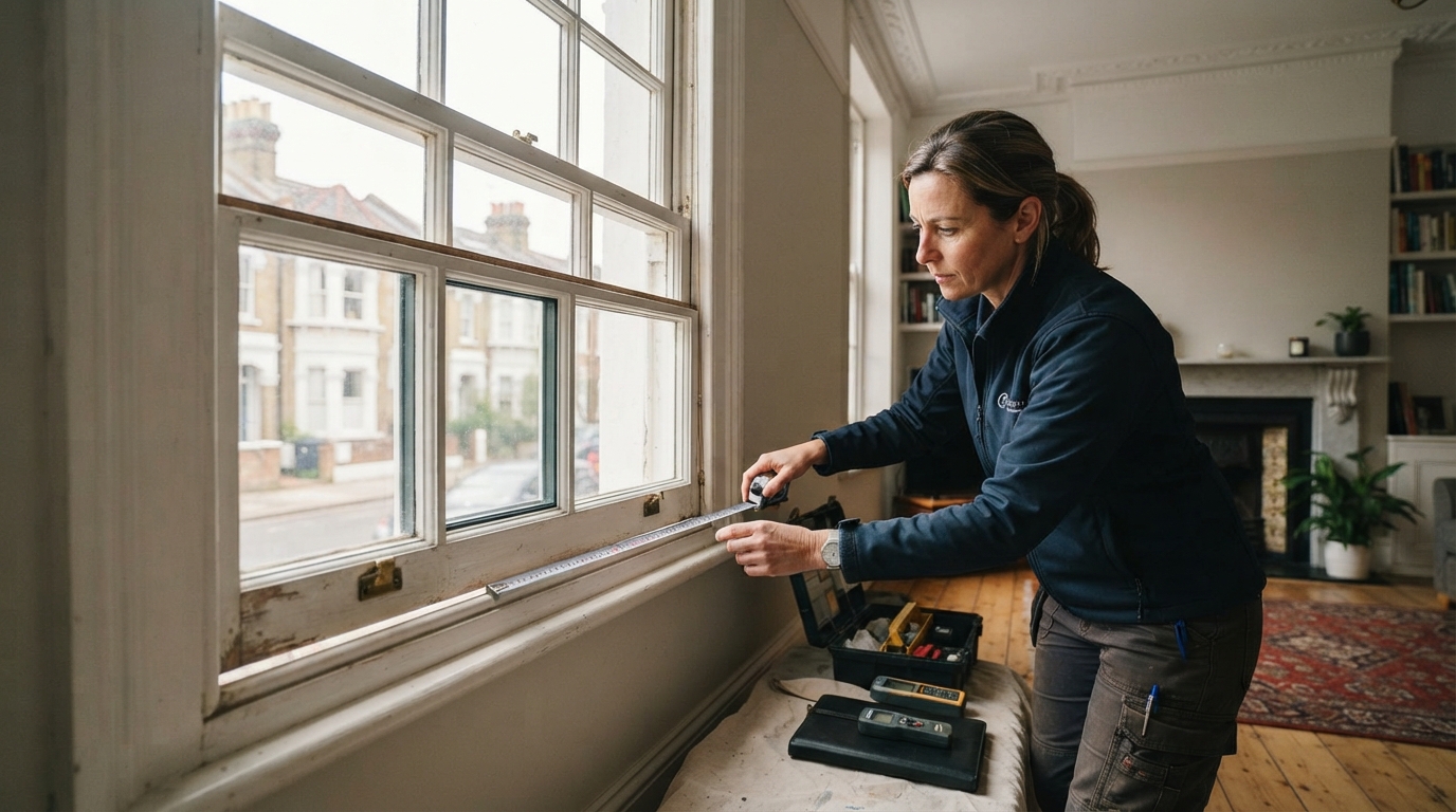 window installer measuring a sash window