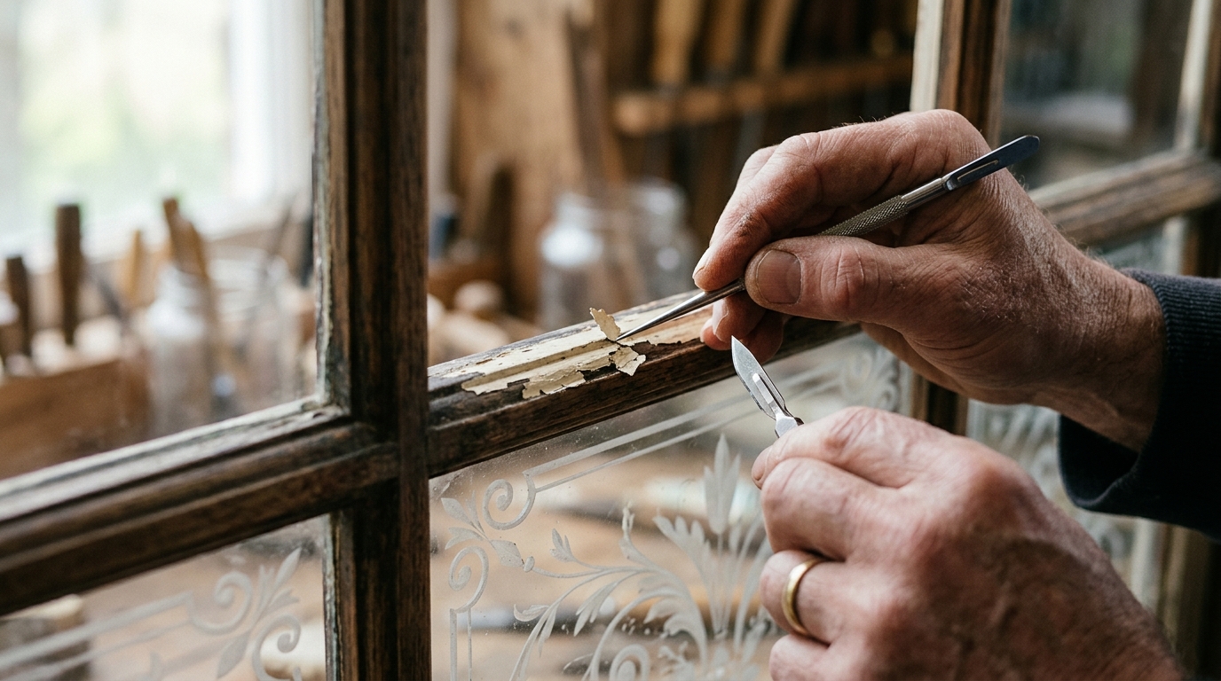 carefully stripping paint from window frame