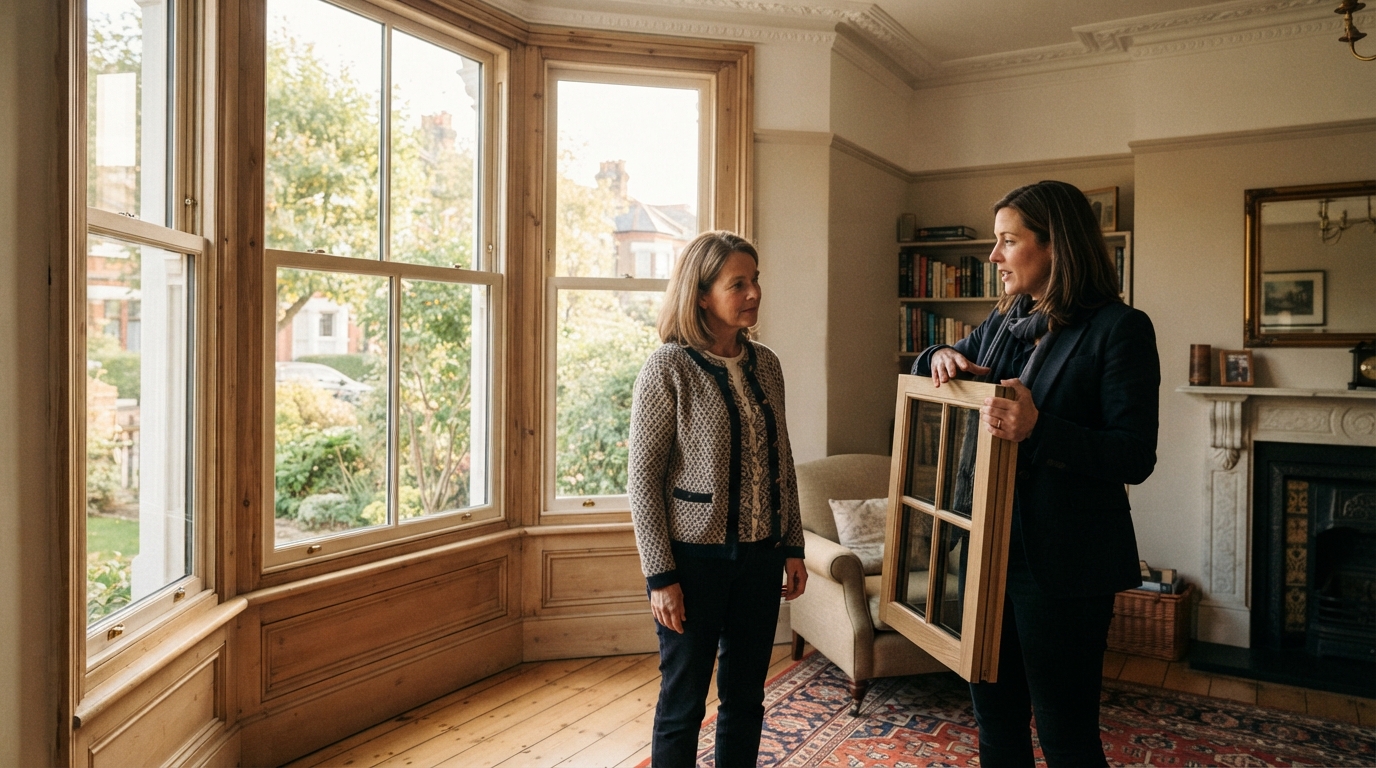 sales woman showing a home owner a sample of double glazing