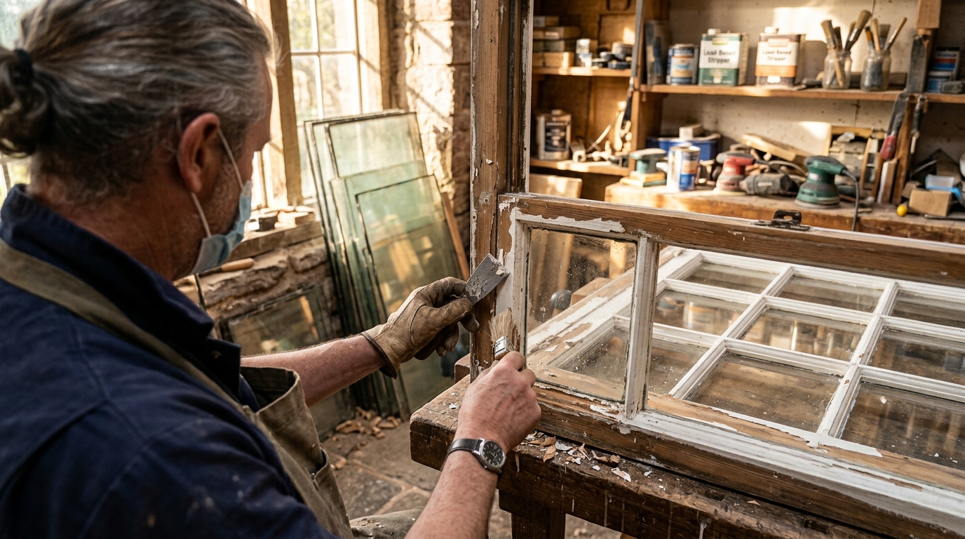 stripping paint from window frame