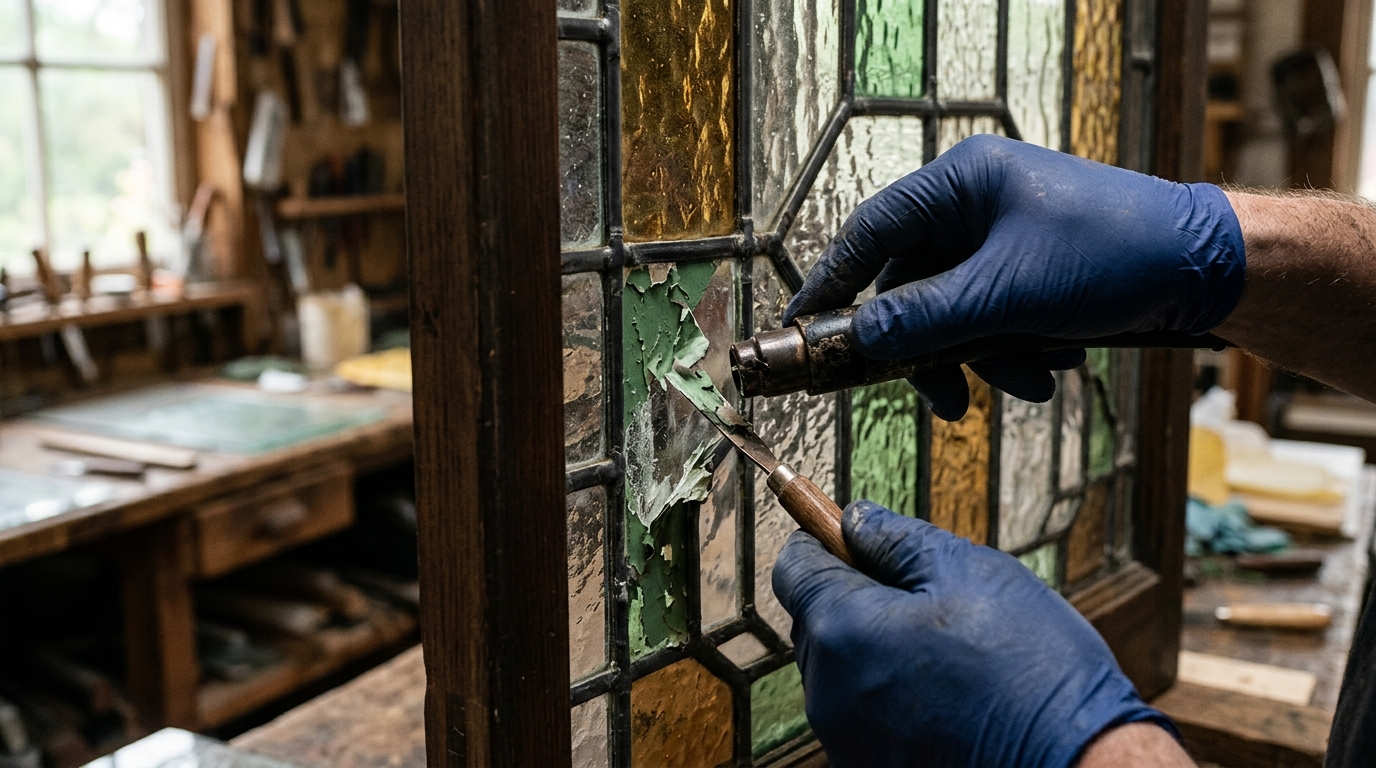 stripping paint from window glass