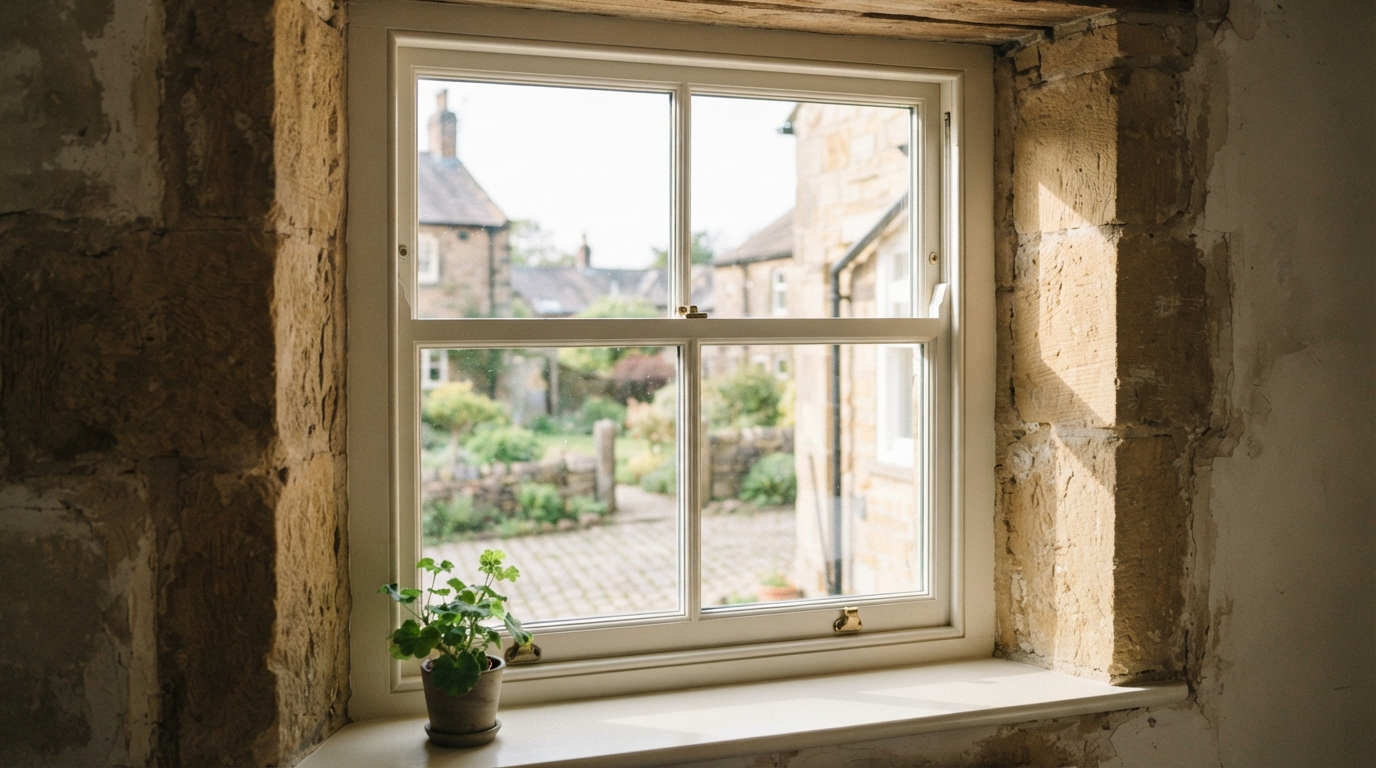 A sash window in a stone wall