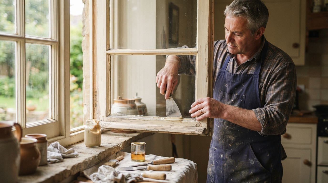 craftsman adding putty to a window frame