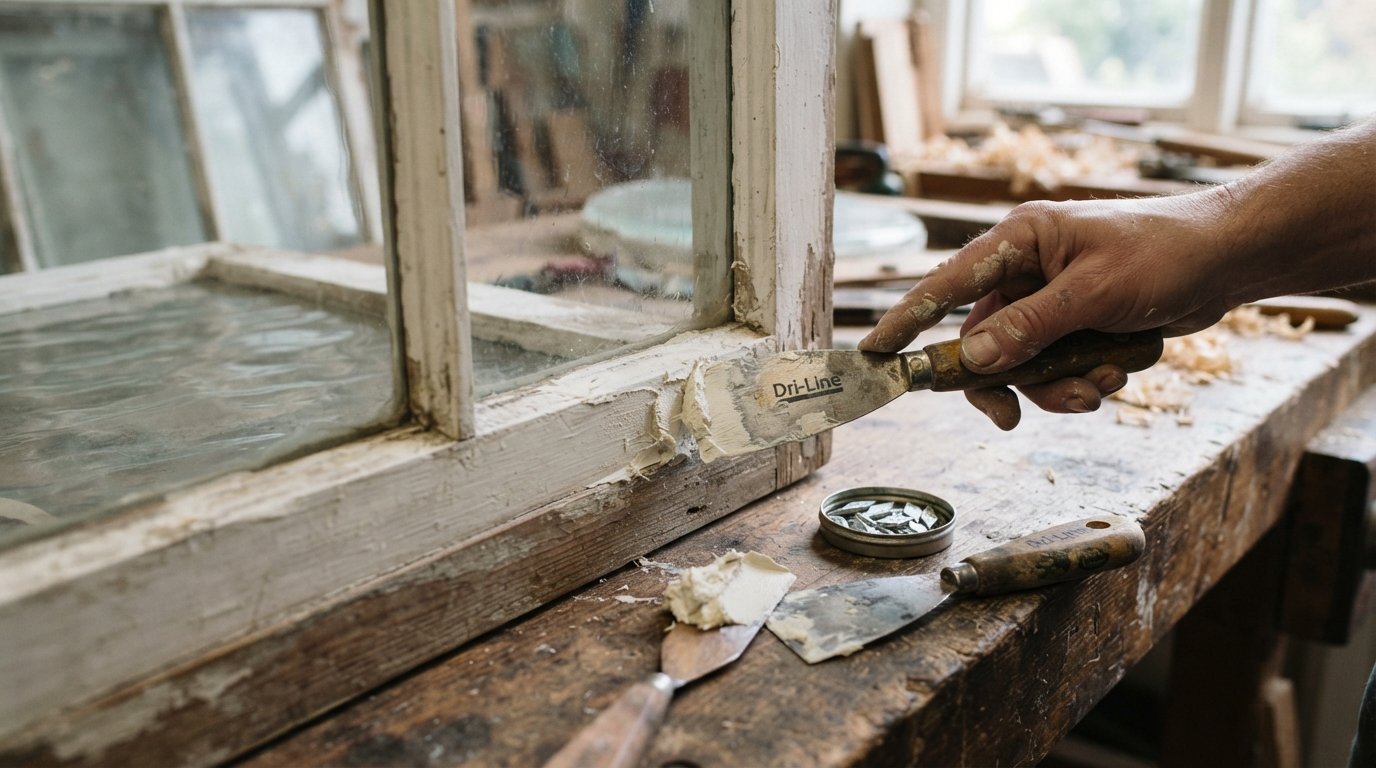 craftsman adding putty to a window frame