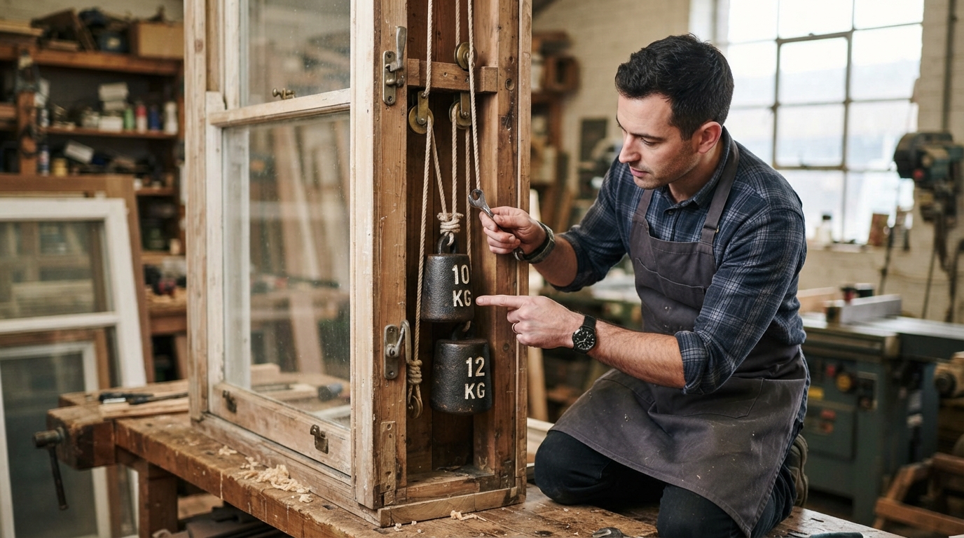 Window installer pointing at sash window weights