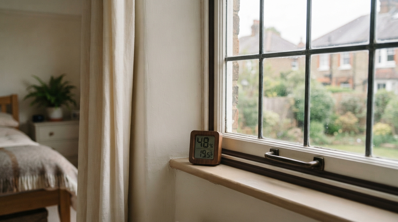 A close view of a humidity monitor beside a newly weather-stripped timber window, with condensation-free glass in a quiet