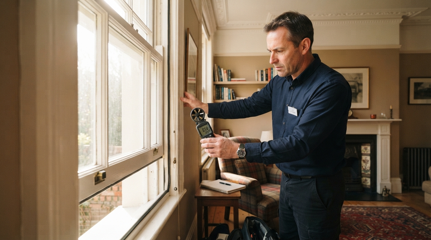 Airflow Requirements in Period Homes - A building surveyor checks airflow at a newly sealed sash window with a handheld anemometer in a sunlit Victorian sitting