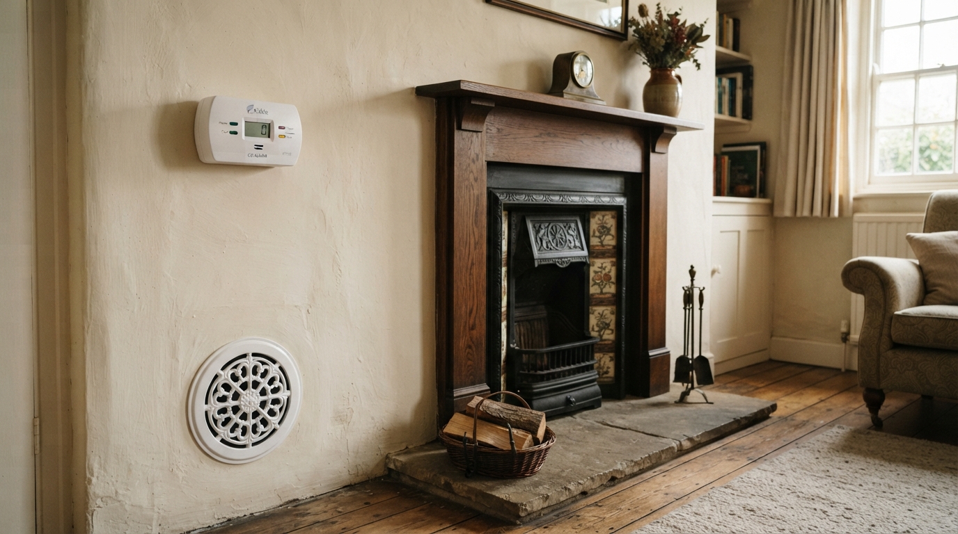 A carbon monoxide alarm and clear ventilation grille sit near a closed fireplace in a restored period living room