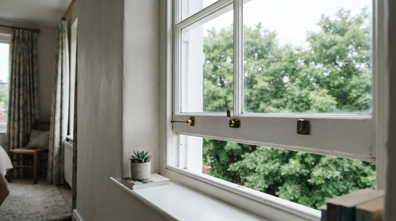 A tall sash window stands slightly open with its restrictor visible, bringing cool daylight into a quiet upstairs bedroom