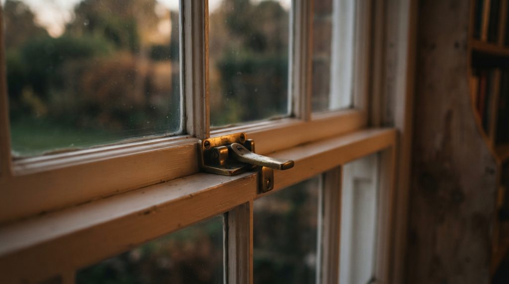 A close-up shows a brass-coloured lock fastening the meeting rails of a closed wooden sash window in a dim, warmly lit room.