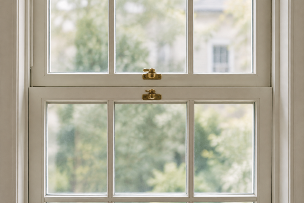 A white sash window with locks
