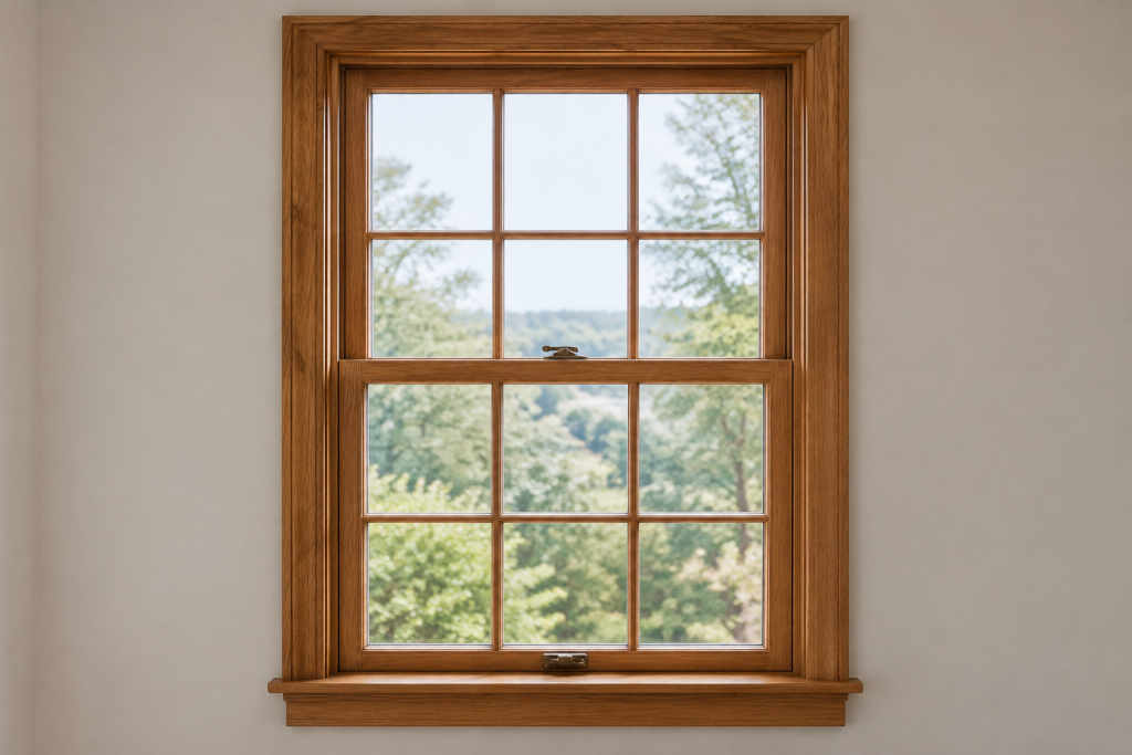 Brown wooden sash window with locks